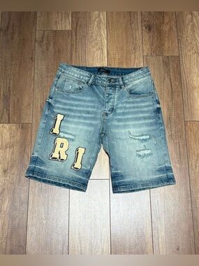 Amiri Blue Ripped Jean Shorts White Logo Brand New Mens Waist Size 34